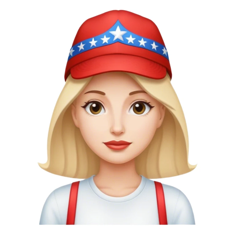 White woman wearing maga hat sticker