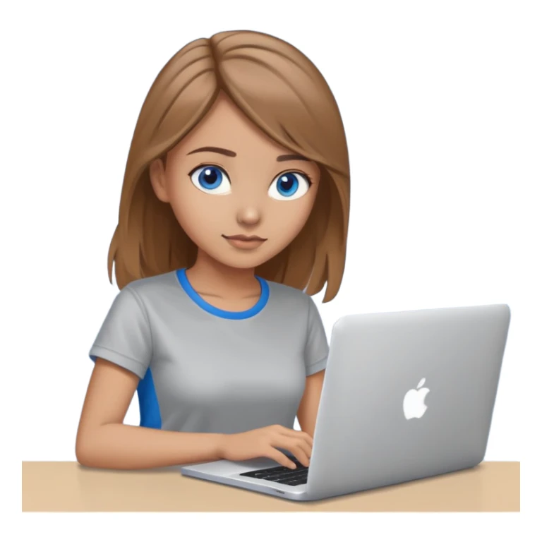 Beautiful programmer girl with long light brown hair and blue eyes working with MacBook. Wearing a grey coder t-shirt sticker
