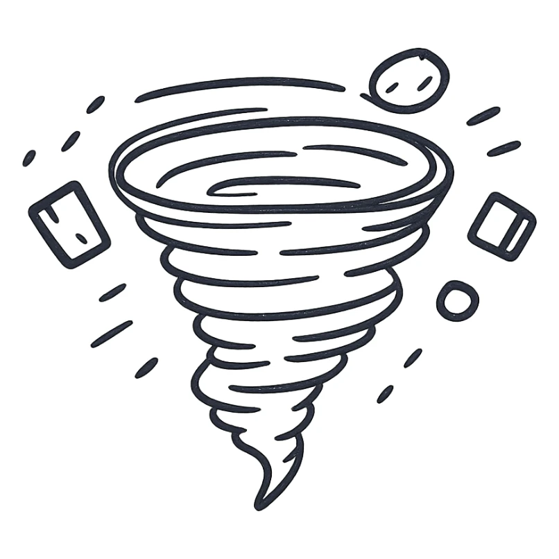 tornado with flying debris, hand drawn black outline icon, no fill, minimalistic sticker