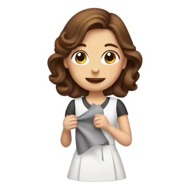 Woman with brown hair sewing a dress sticker