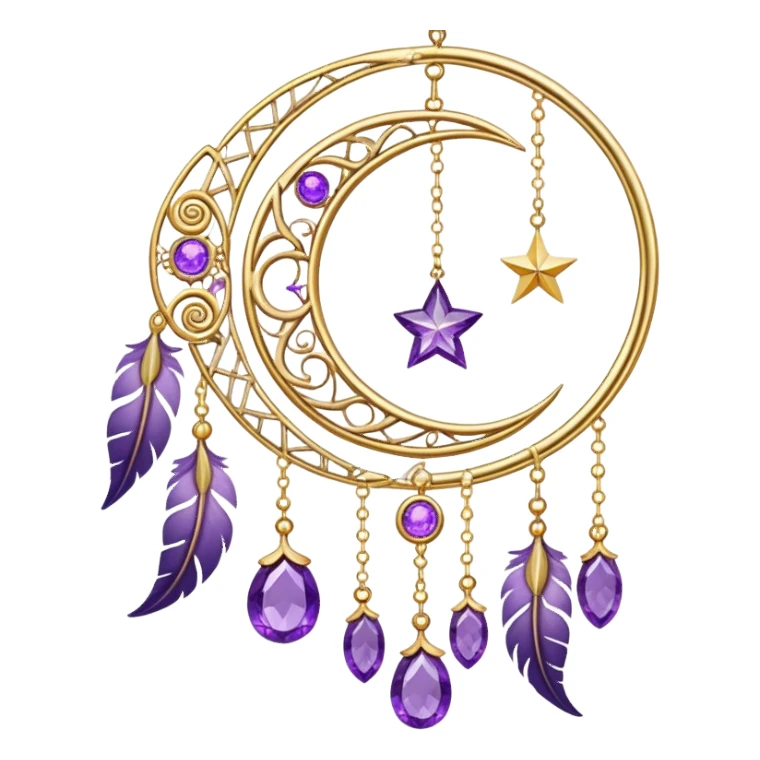 Epic beautiful gorgeous cute gold suncatcher, threads with shiny sparkly amethyst gemstones, flowers, crescents-moons, stars, violet Feathers  sticker