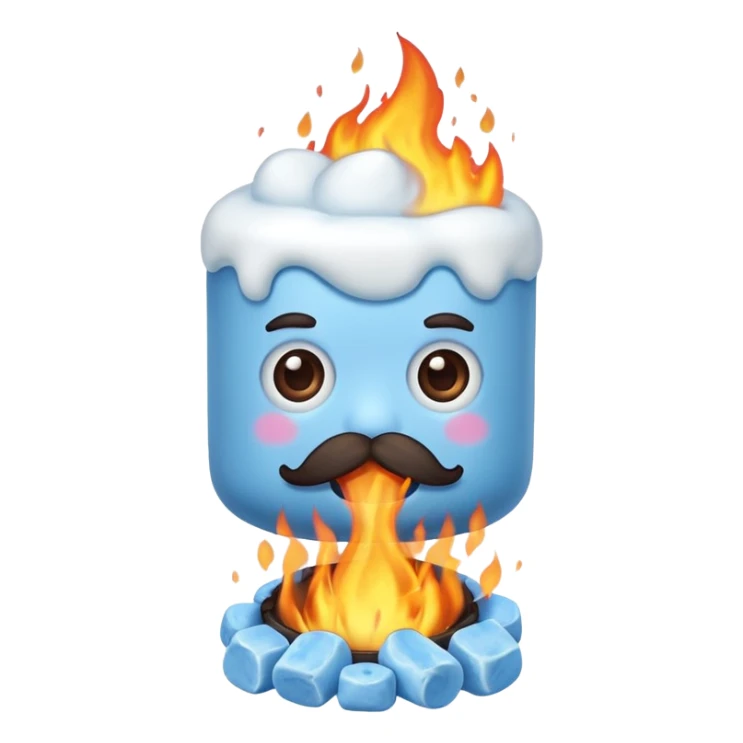 blue marshmallow on fire, surprised with mustache, just marshmallow sticker