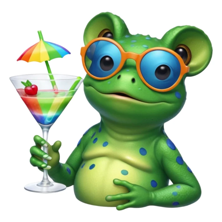 Bufo frog with blue sunglasses, sipping a rainbow cocktail, in bufo style, transparent background sticker