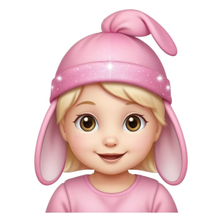 baby girl emoji, smiling with sparkles, pink bunny hat sticker