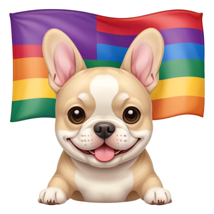 Cream French Bulldog infront of a pride flag sticker