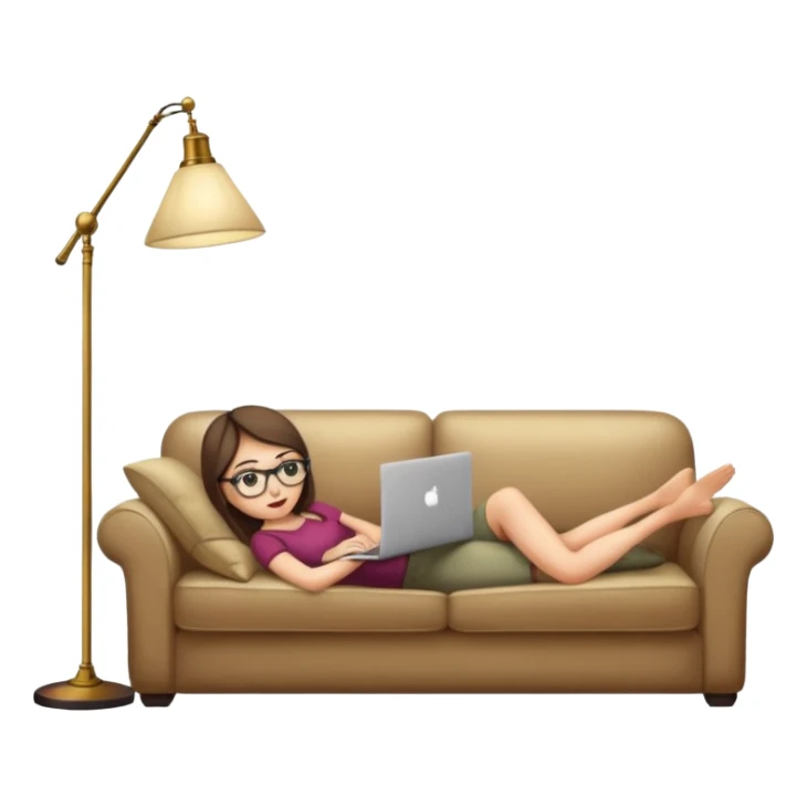 A girl is working with a laptop while lying on a sofa, with a floor lamp to the right. sticker