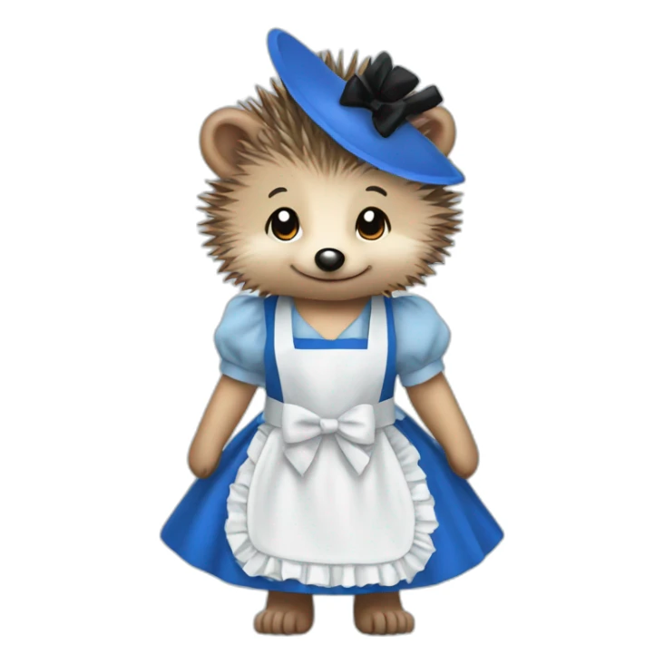 Hedgehog wearing a blue maid dress with a black bow and apron sticker