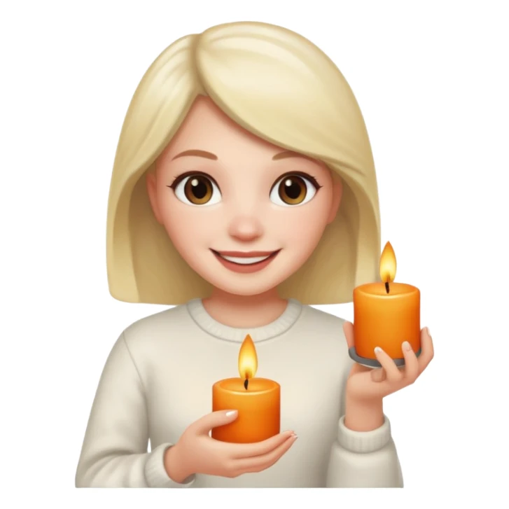 girl smiling with a scented candle, iPhone memoji style, white skin sticker