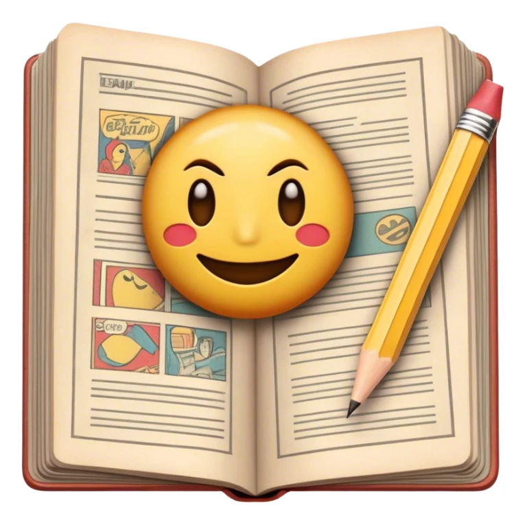 Create a detailed emoji representing the process of writing texts for comic books. The design should feature a large, open comic book with vintage comic strips visible on its pages. A pencil should be shown writing text on one of the comic panels, but without a hand. The pencil should appear as though it is actively creating the dialogue or narration. Use a classic color palette with muted tones for the comic book and brighter accents on the pencil to draw attention to the writing process. Do not include any emojis or smiley faces. Make the background transparent. sticker