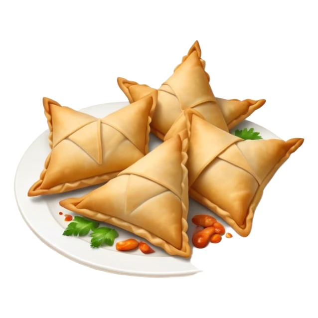 Cinematic Realistic Samosas Dish Emoji, depicted as golden, crispy pastry pockets filled with spiced vegetables rendered with detailed textures and appetizing lighting. sticker