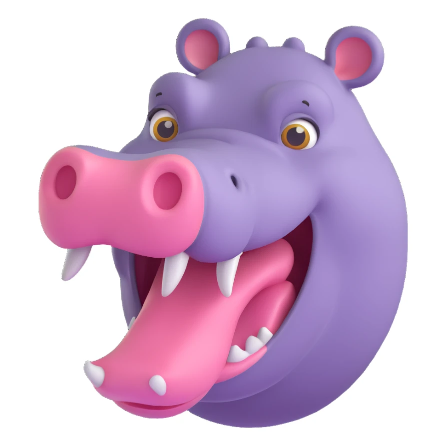 hippopotamus with open mouth, 3D emoji style, soft shading, lively and expressive, suitable for app icon sticker