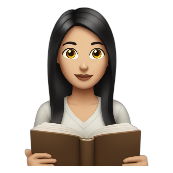 White woman with Black straight hair holding a book sticker