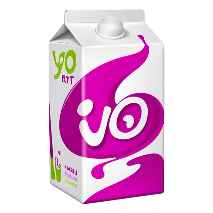 Create a 1:1 image in the style of a realistic 3D icon. The subject is a milk carton on a white background, but instead of milk, it contains yogurt. The carton is colored magenta and bright lime, with an abstract design resembling swirling, mixed liquids. On the front face of the carton, the word 'YO GU RT' is written vertically in syllables using a flat, square-shaped font in white. The letters cover approximately 97% of the front surface. The cap is white. Bright lighting falls on the carton. Close-up shot. The focus is on the carton. sticker