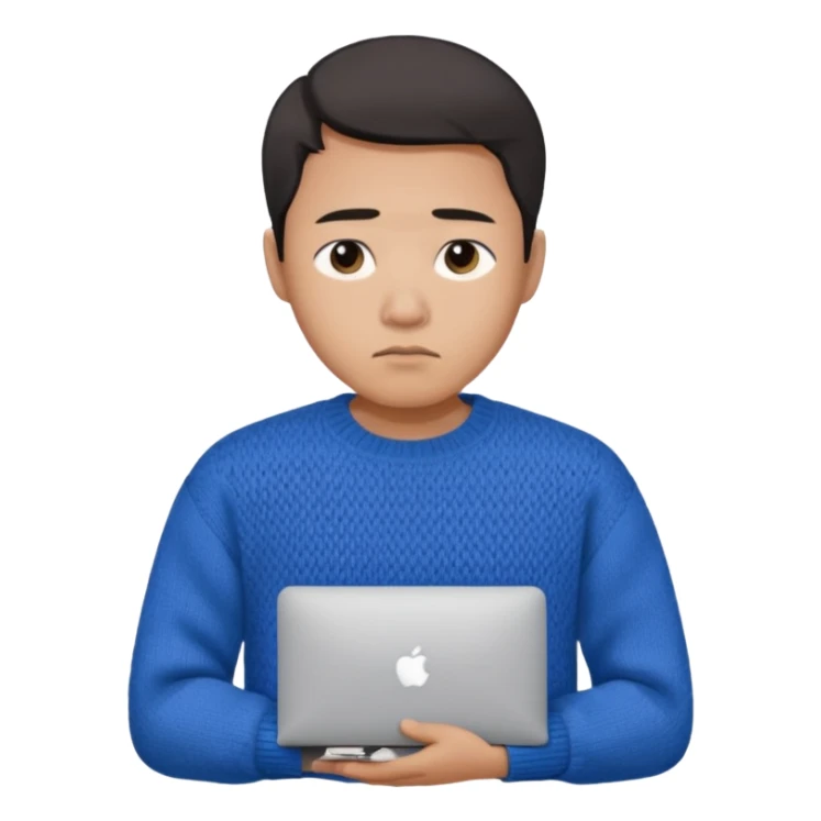 a asian guy wearing a blue knit with white shirt, looking sad, holding a macbook, only upper body, high quality sticker