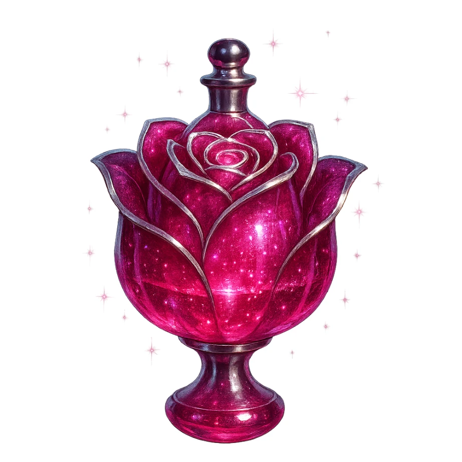 rose-shaped luxurious elixir bottle, deep pink color, iridescent and silver details, intense magical glowing and sparkling effects, very small neck, seamless bottom, transparent background, floating, no base or shadow, modern, matching a collection sticker