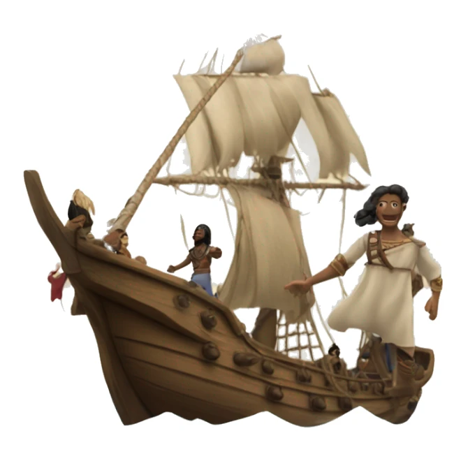 a ship and some land. the ship is approaching the land, and on the ship are british people. they are meeting the indians. sticker