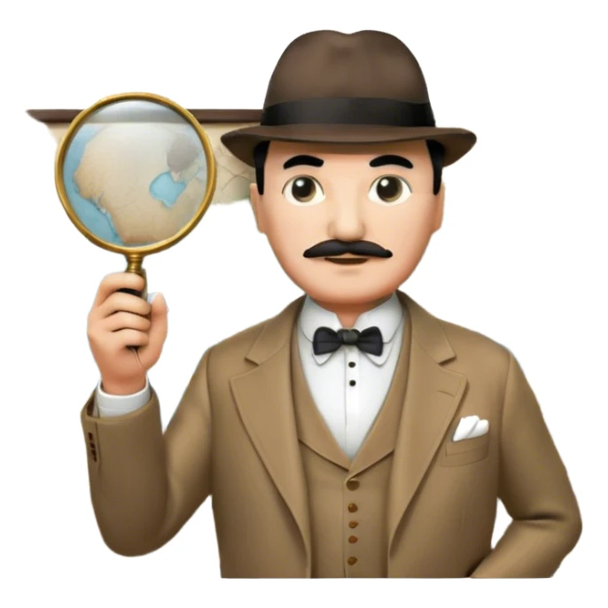 A cinematic-style frame showing Hercule Poirot in his iconic suit with a magnifying glass in a dramatic detective pose. Background should be mysterious city, map, a board with photos of suspects, clues like fingerprints. Transparent background. sticker