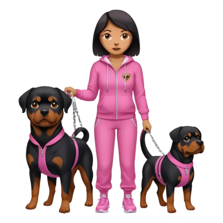 Big Rottweiler on leash held by woman in all pink track suit sticker