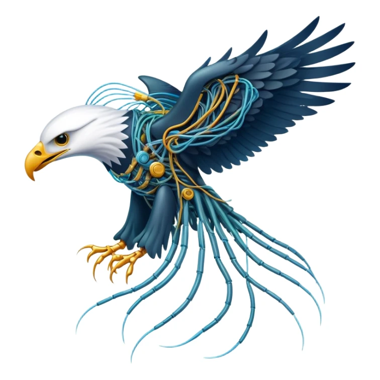 A high-tech eagle made of electric wires and cables with rubber scales that reveal its electric skeleton, possessing both jellyfish-like tendrils and the ability to generate electrical pulses that illuminate the ocean depths. sticker