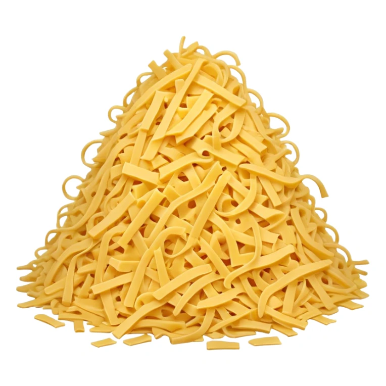 realistic shredded cheese, pile or scatter, thin irregular shreds, pale yellow to golden, curly soft texture, fresh, not dry or clumped, no packaging, bowl, dish, or faces, clean 3D, soft lighting, transparent background, emoji scale sticker