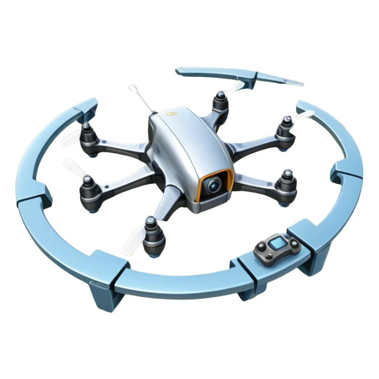 An icon showing a racing quadcopter drone in the foreground, flying at high speed through a course filled with obstacles and checkpoints. Other drones zoom in the background over a dynamic landscape. Transparent background highlights the thrill and precision of drone racing. sticker