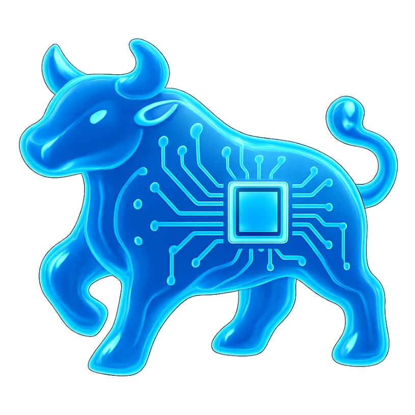 Make the abstract bull silhouette even more abstract with luminous blue tech circuitry details, in glossy circuit style. sticker