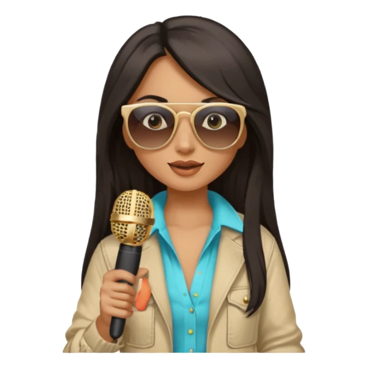 dark long haired woman with summer clothes and sun glasses holding microphone sticker