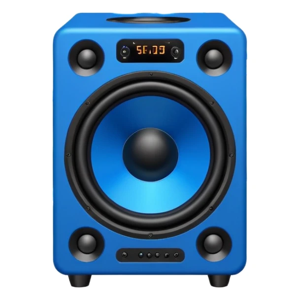 Vector style emoji, large subwoofer speaker with visible vibrating sound waves, electric blue lightning bolts popping out, flat design, bold outlines, white background. sticker