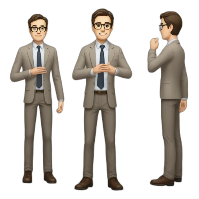 Full height Actively gesturing with hands Pale skinned fit man with dark brown hair in gray jacket, beige office shirt, brown tie, brown pants and vintage glasses. sticker