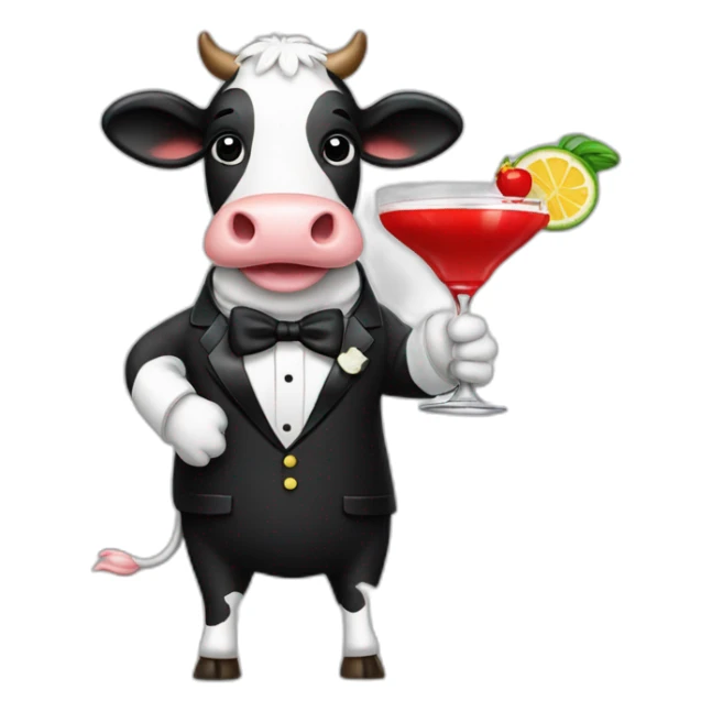 cow wearing a tuxedo holding up a red daiquiri sticker