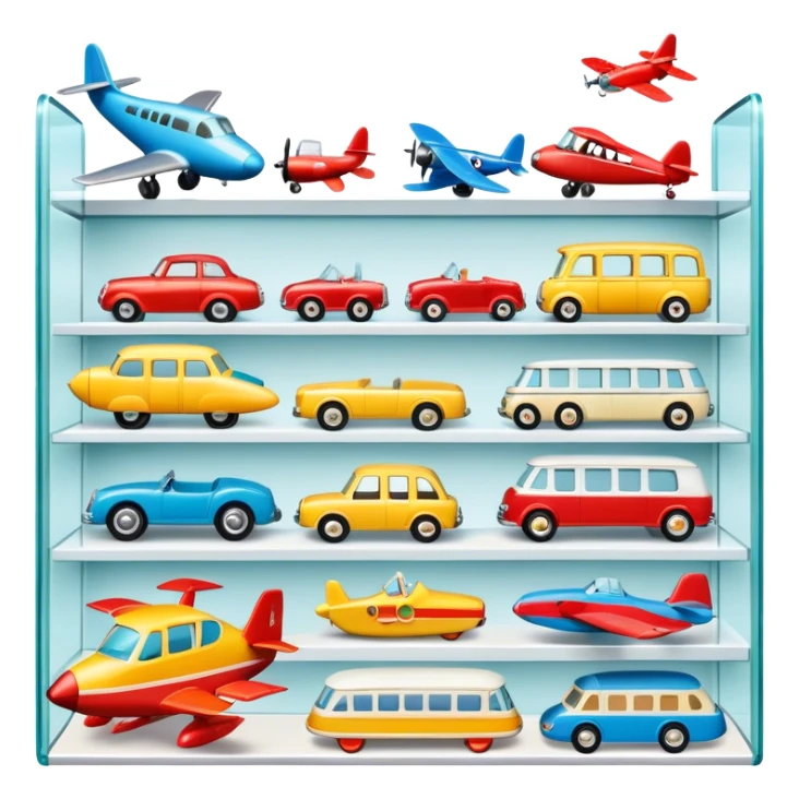 Icon for Toy Collecting: a collection of various vintage toys such as dolls, plush animals, tumblers, cars, planes, ships, action figures, displayed neatly on shelves or in display cases. The icon should evoke the joy and nostalgia of collecting toys. Transparent background. sticker