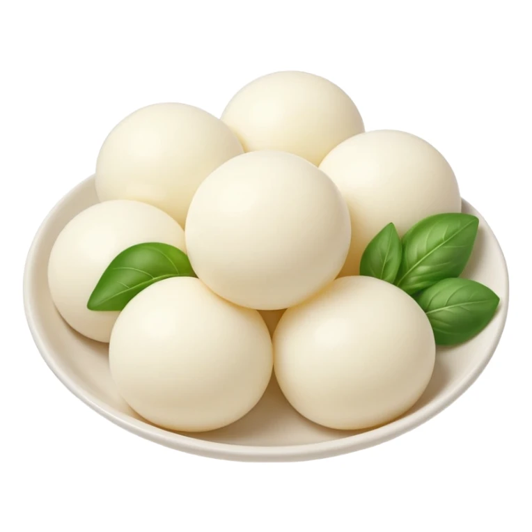 cluster of small smooth mozzarella balls, soft white color, slightly glossy surface, round uniform tender, fresh milky texture, no bowl garnish or liquid, soft lighting, subtle shadows, emoji scale sticker