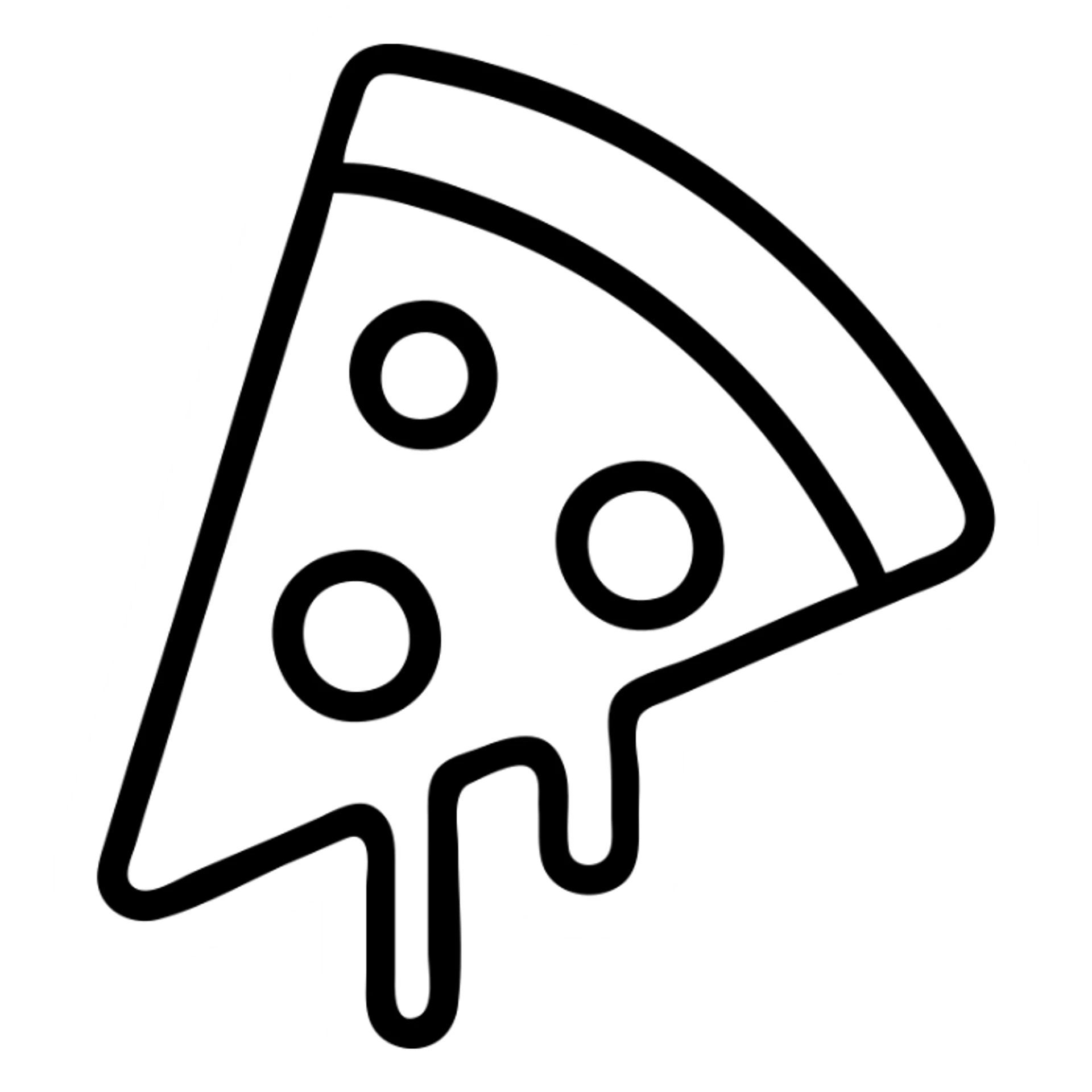 A triangular slice of pizza with melting cheese and pepperoni toppings, minimalist outline sticker