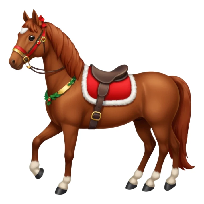 a christmas brown horse with a red saddle sticker