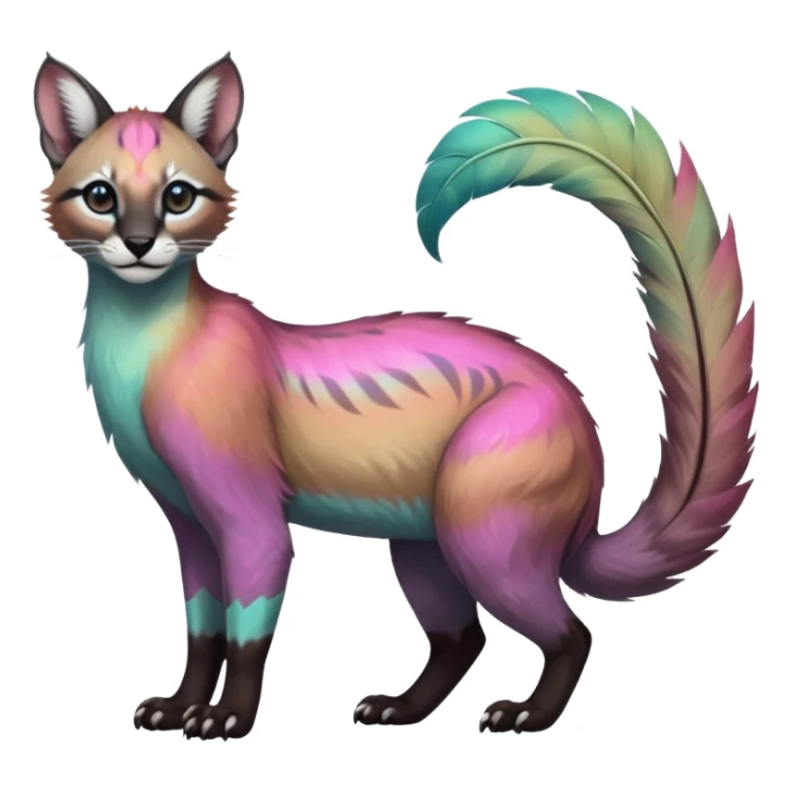 Colorful dark tropical feathery tribal pale light fruity pastel white glorious iridescent divine exotic cute cool beautiful beautiful fantasy-caracal-civet-genet-sergal-vernid-Cacomistle-Trico-oncilla-animal-Fakémon-hybrid-fursona (full body) sticker