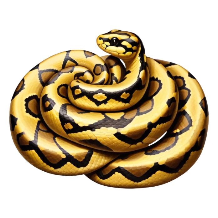 A photo-realistic top-down view of a Ball Python gently coiled into a tight spiral, with its head resting peacefully at the center. The pattern flows smoothly around the curves of its body, emphasizing its natural camouflage and calm demeanor. sticker