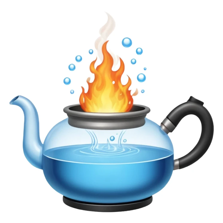  a small pot or kettle filled with water placed on fire, the water is boiling intensely with visible steam and bubbles rising, bright lighting, clean white background sticker