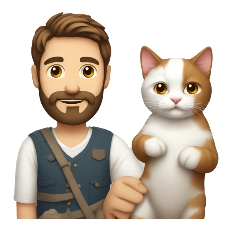Russian brown hair man with beard holding cute white and red cat sticker