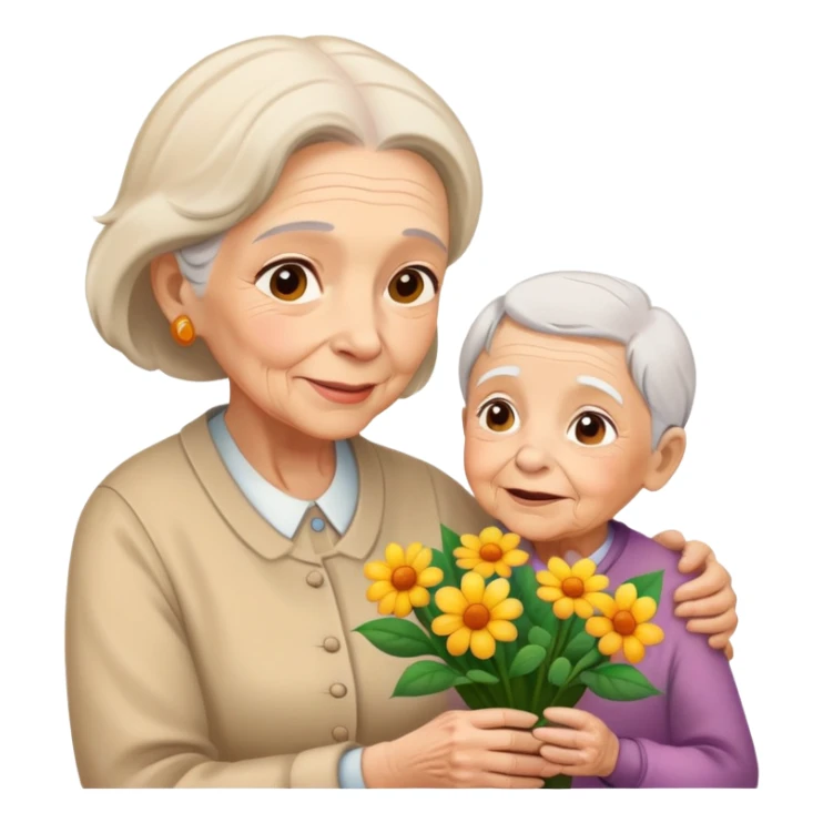 child giving flowers to an elderly woman, warm and expressive sticker