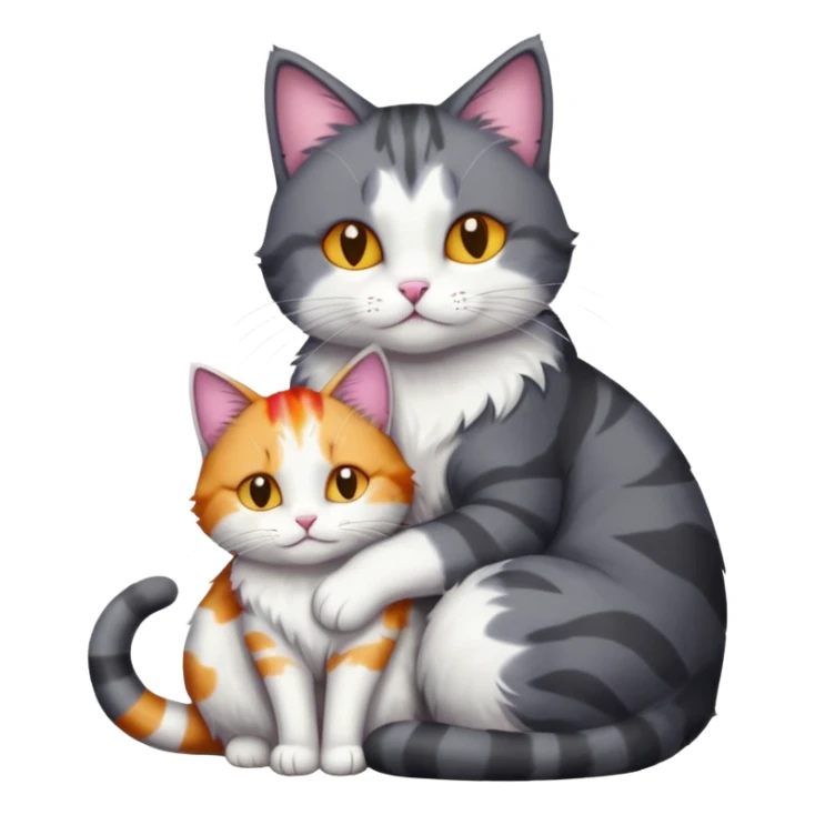 full body large dark grey and white cat cuddling a colourful light patched calico + white tabby cat  sticker