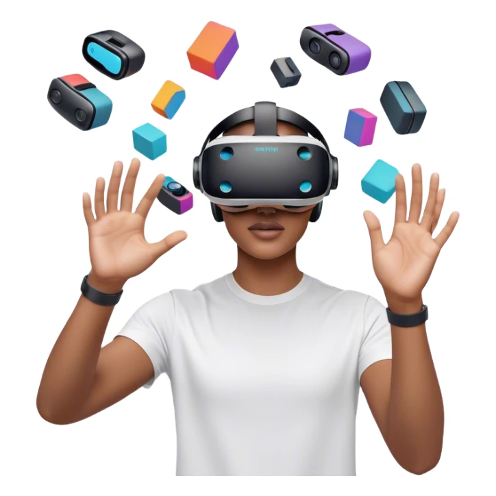 Create an emoji for the creation of VR/AR technology. Show a designer's hands holding a VR headset or AR glasses, with floating 3D models or virtual objects being manipulated in the air. Use modern, tech-inspired colors. Do not include any emojis or smiley faces. Make the background transparent. sticker