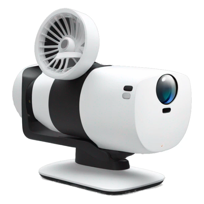 A sleek, modern white projector with a cylindrical body, black front lens, and a U-shaped stand for angle adjustment. Minimalist and futuristic design. sticker
