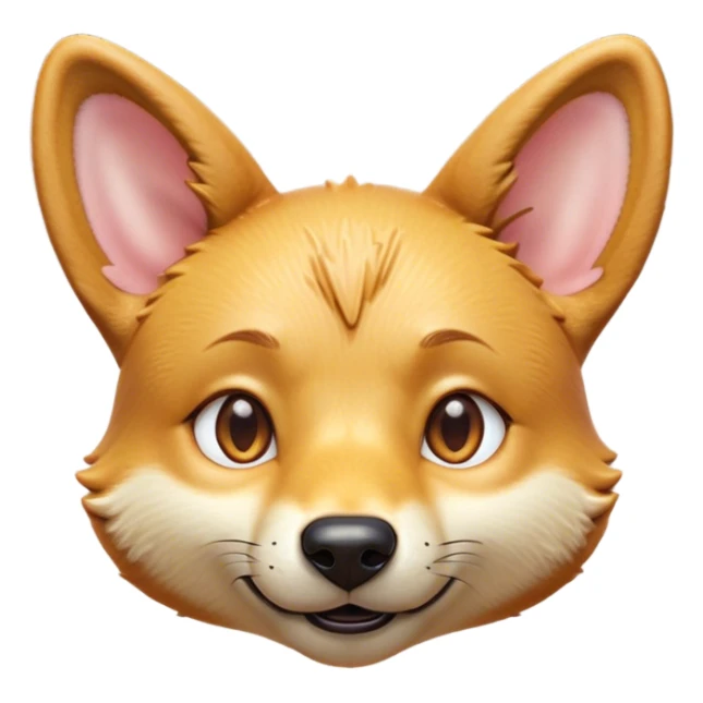 Cinematic Cute Dingo Portrait Emoji, Head tilted playfully and inquisitively, featuring a glossy sandy fur with naturally perky ears and round, sparkling amber eyes filled with curious mischief, Simplified yet irresistibly adorable features, highly detailed, glowing with a warm, friendly glow, high shine, affectionate and spirited, stylized with a touch of outback whimsy, bright and endearing, soft glowing outline, capturing the essence of a mischievous yet loving dingo, so playful it feels like it could bound out of the screen into your arms! sticker