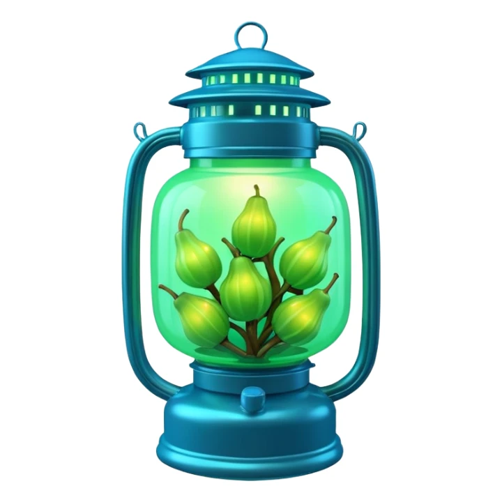 3D render of Lantern Fruit, bioluminescent deep sea style, glowing neon blue and green lights, dark background to contrast the glow, translucent organic textures. sticker