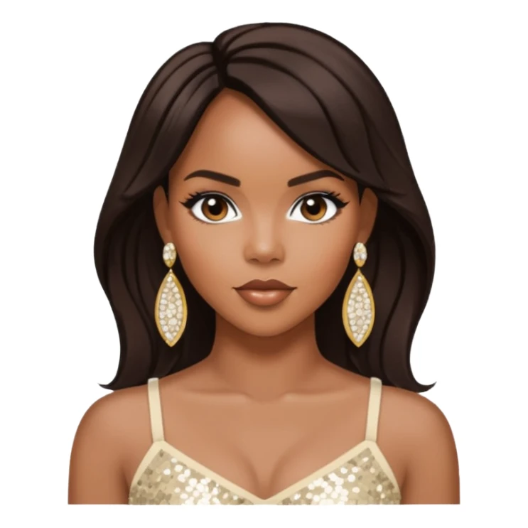 LeToya Luckett with long dark brown hair, ivory sequin crop top, ivory earring sticker