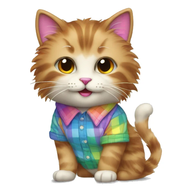 fluffy cat with colorful rainbow fur in a checkered shirt sticker