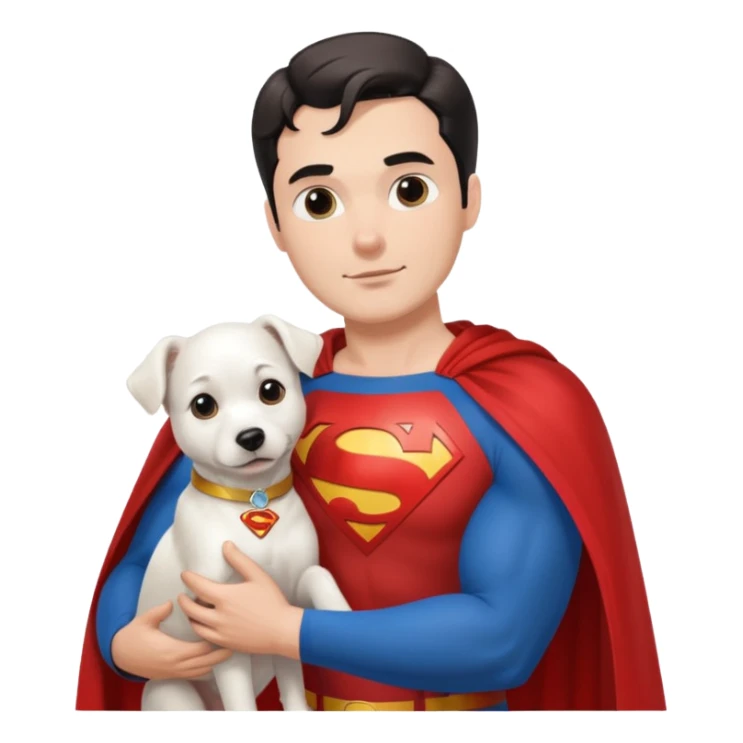 Superman petting white dog wearing a red Superman cape  sticker