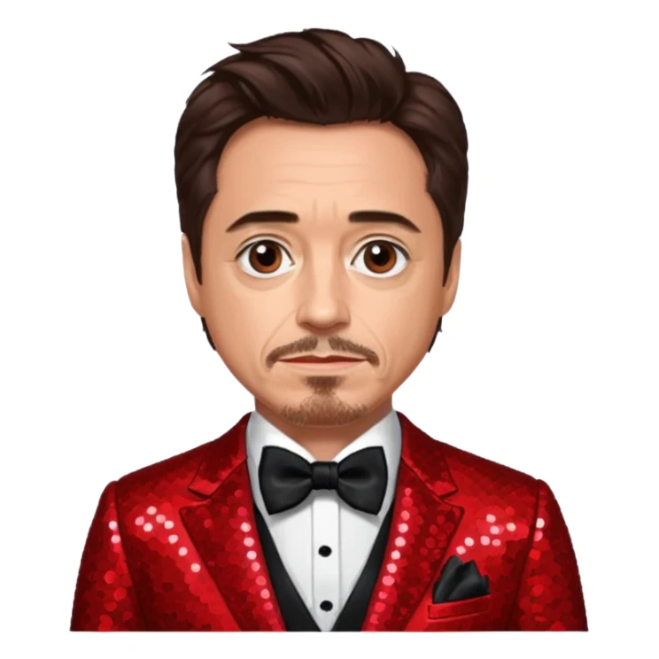 Robert Downey Jr with dark brown hair, red sequin suit with bow tie sticker