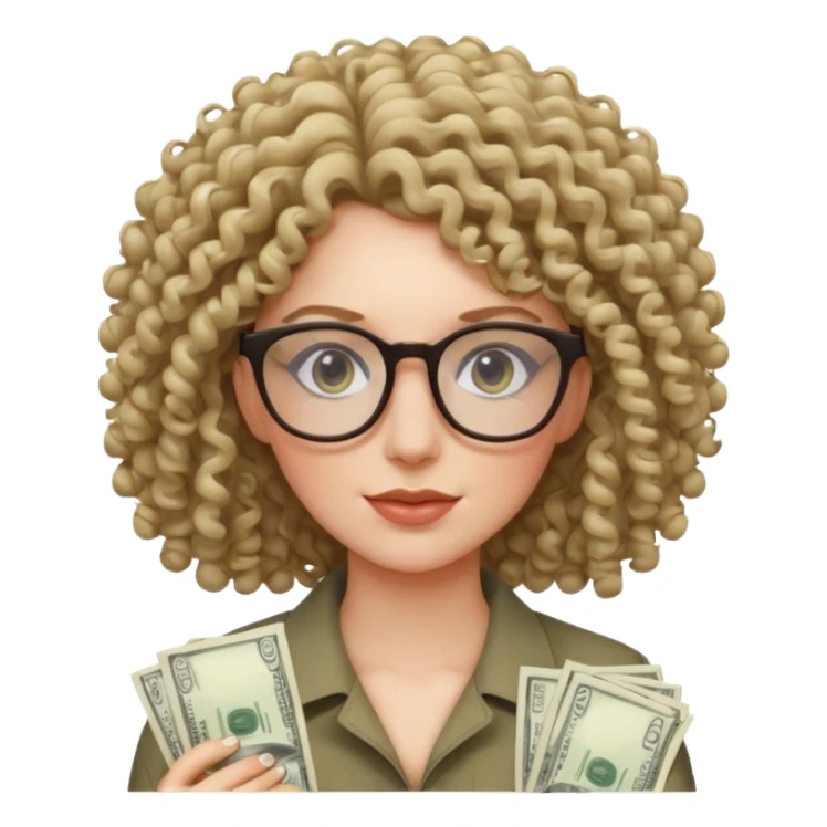 curly haired white woman with glasses surrounded by cash sticker