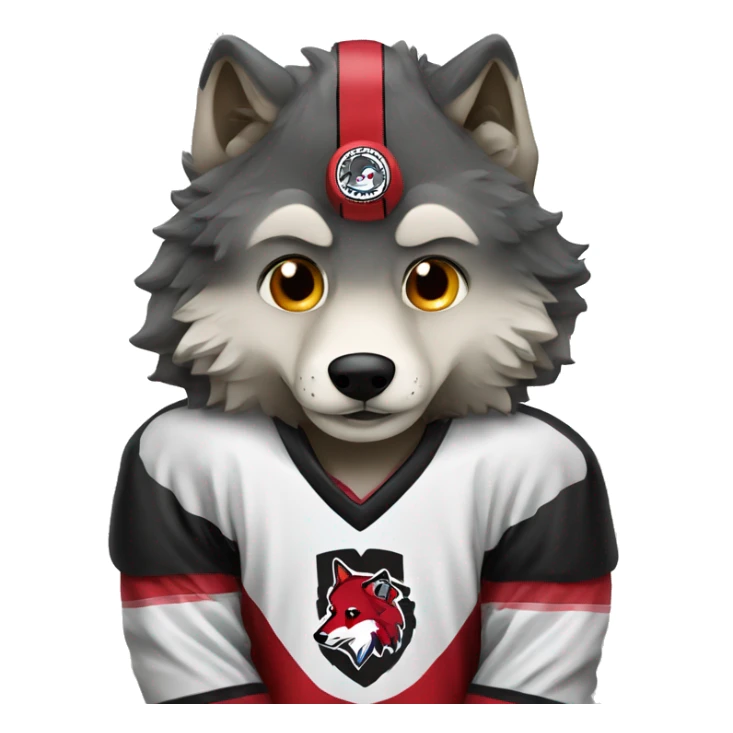 A wolf in a red black and white hockey uniform with a wolf emblem sticker